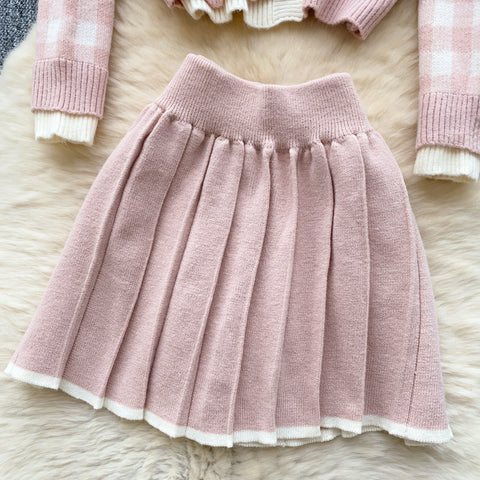 Lace-trim Cardigan&Skirt Plaid 2Pcs