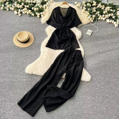 Draped Neckline Top & Wide-leg Trousers 2Pcs