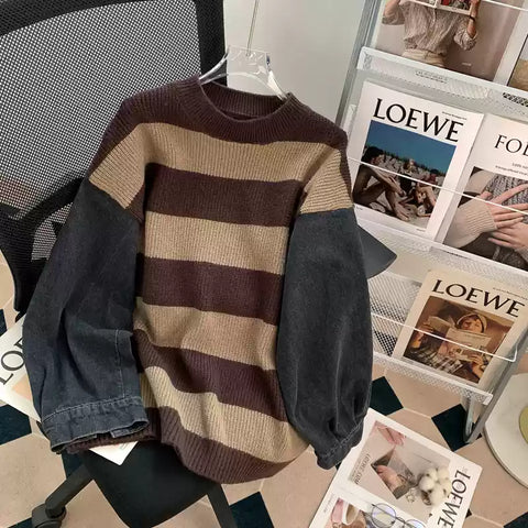 Loose-fit Denim Sleeve Stripe Sweater