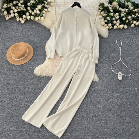 Turtleneck Cardigan&Wide-leg Trousers 2Pcs