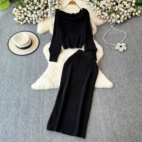 Twisted Neckline Sweater&Skirt 2Pcs