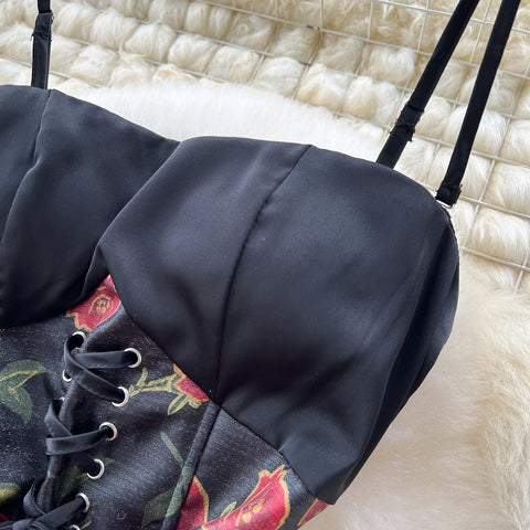 Lace-up Patchwork Floral Slip Dress