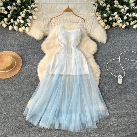 Blue Mesh Outwear & Slip Dress 2Pcs