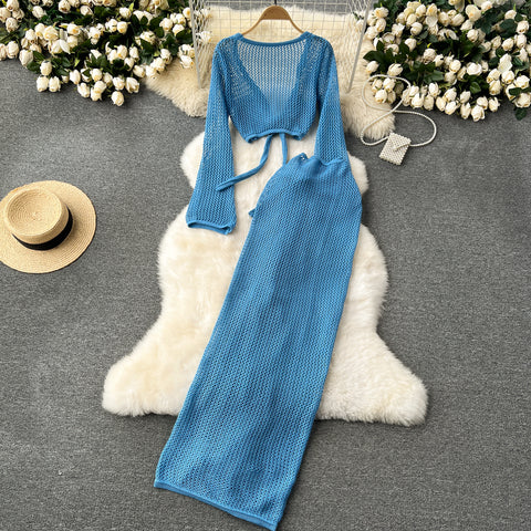V-neck Knitwear&Skirt Hollowed 2Pcs
