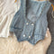 Denim Vest&Ruffled White Shirt 2Pcs