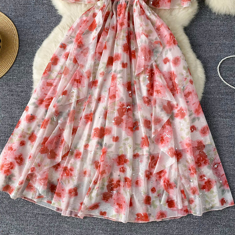 Sequined Floral Printed Ruffled Dress