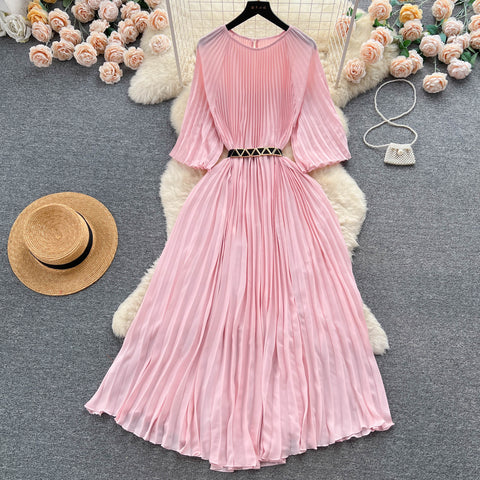 Elegant Round Collar Pleated Dress