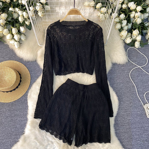 Crew Neck Top&Shorts Knitted 2Pcs