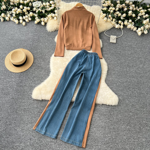 Zipped Jacket&Trousers Denim Patchwork 2Pcs