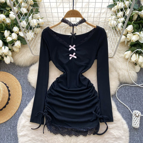 Lace Patchwork Drawstring Black Dress