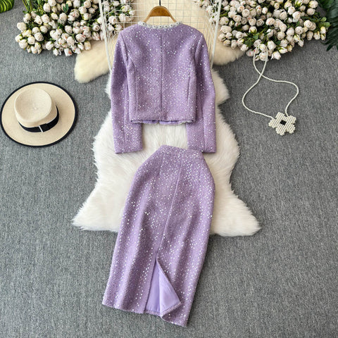 Sequined Blazer&Skirt Tweed 2Pcs