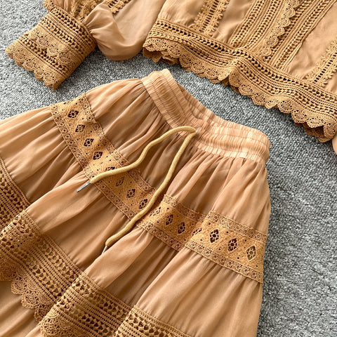 V-neck Shirt&Skirt Lace Patchwork 2Pcs