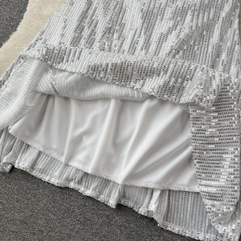 Ruffled Neckline Sequined White Dress