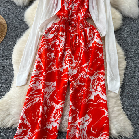 White Cardigan&Floral Jumpsuit 2Pcs