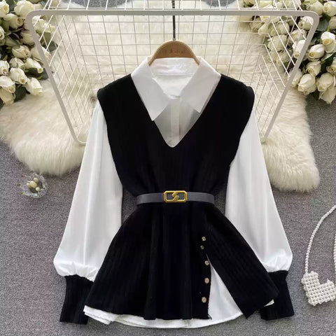 V-neck Knitted Vest&White Shirt 2Pcs