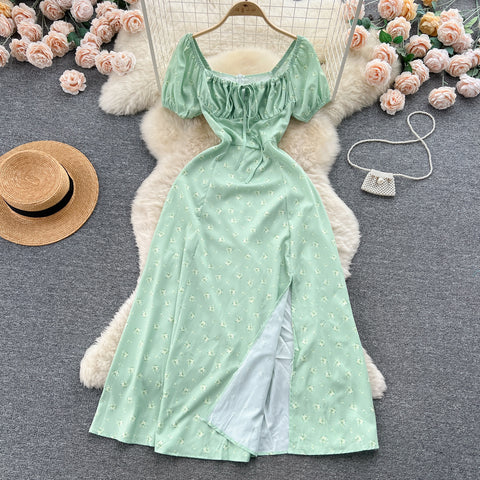 Ruffled Neckline Floral Split Dress