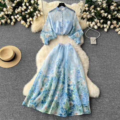 Single-breasted Top&Half-body Skirt Floral 2Pcs