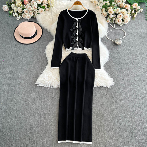 Lace-up Cardigan&Half-body Skirt 2Pcs