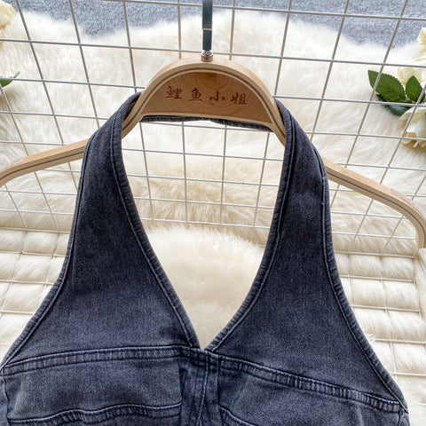 Halter Top&Hip-wrapping Skirt Denim 2Pcs