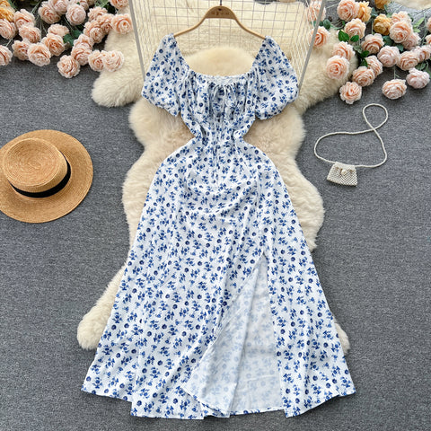 Ruffled Neckline Floral Split Dress