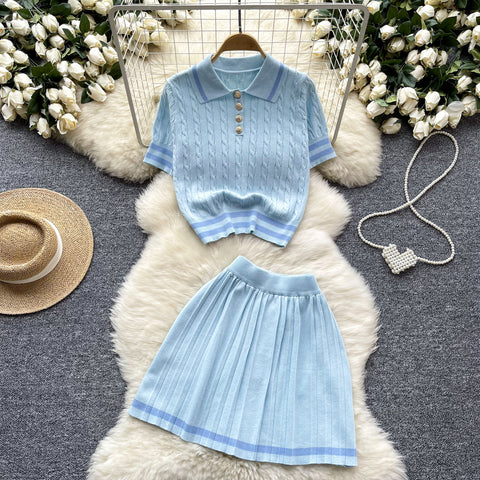 Lapeled Sweater&Pleated Skirt 2Pcs