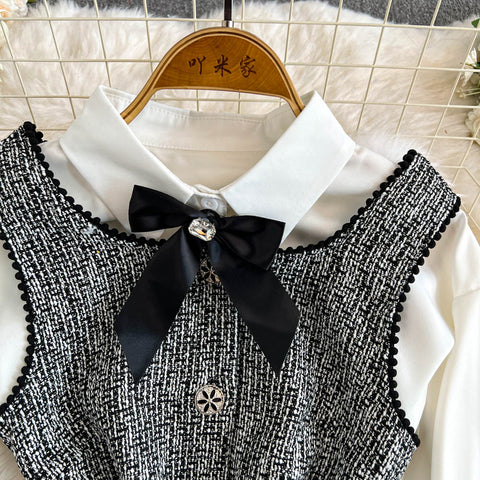 Sequined Tweed Dress&Bottoming Shirt 2Pcs