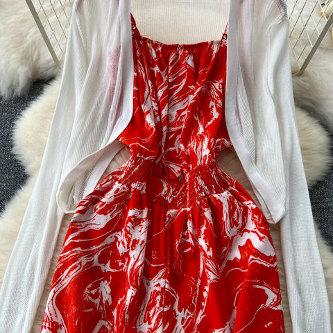 White Cardigan&Floral Jumpsuit 2Pcs