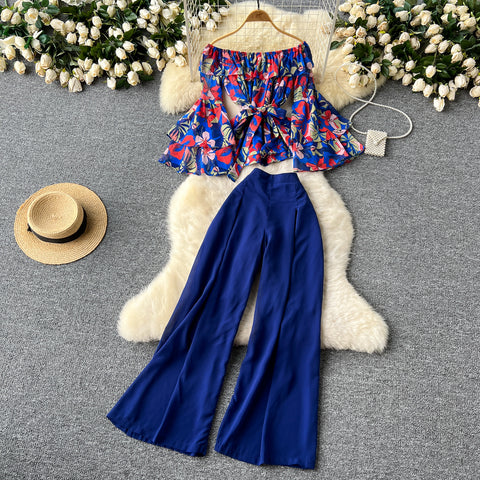 Floral Top&Wide-leg Trousers 2Pcs