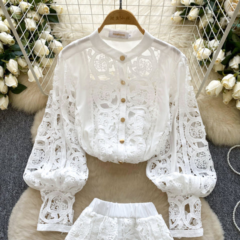 Crochet Shirt & Vest & Shorts 3Pcs