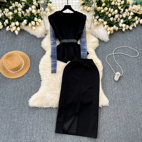 Patchwork Mesh Top&Black Skirt 3Pcs