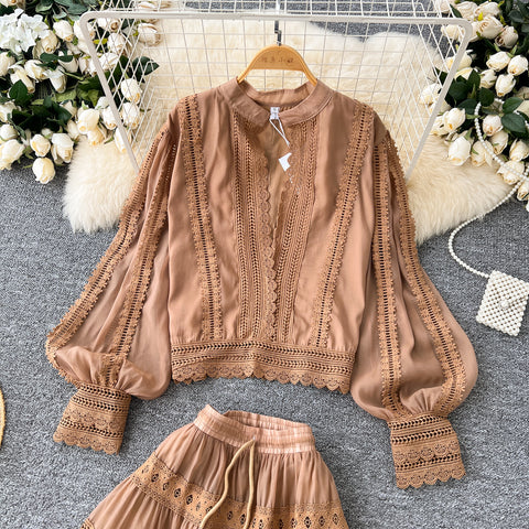 V-neck Shirt&Skirt Lace Patchwork 2Pcs