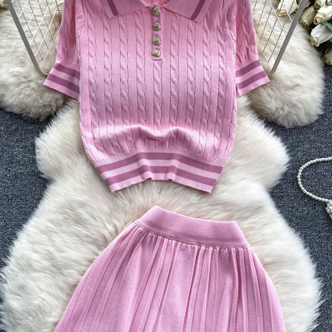 Lapeled Sweater&Pleated Skirt 2Pcs