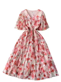 Sequined Floral Printed Ruffled Dress