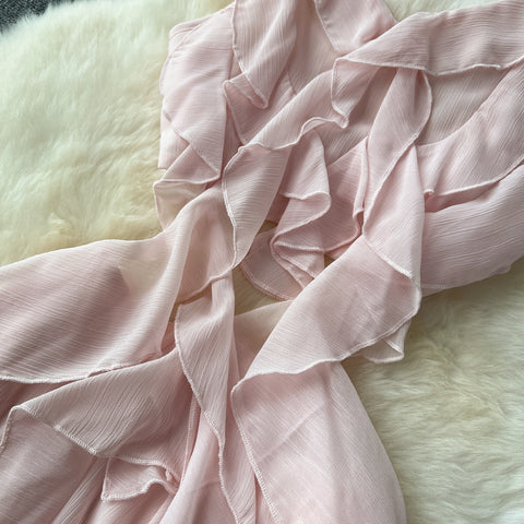 Irregular Design Ruffled Pink Halter Dress