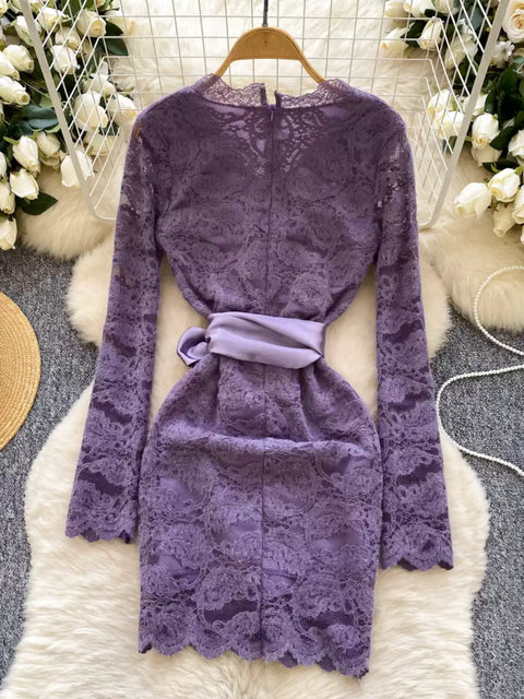 V-neck Embroidered Flocked Lace Dress