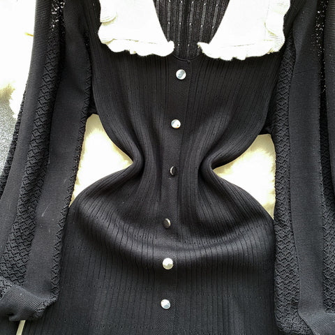 Doll Collar Black Knitted Shirt Dress