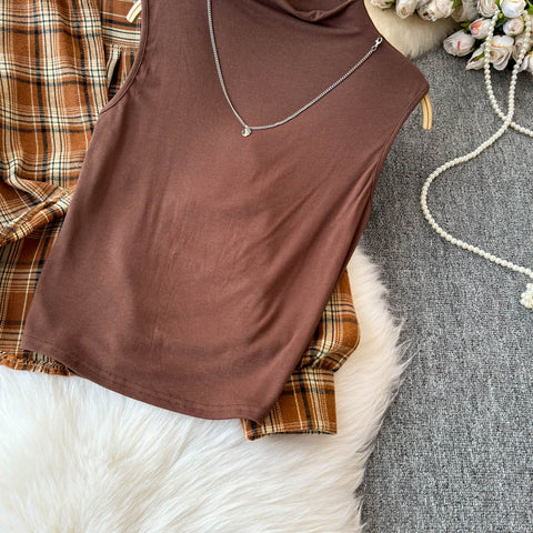 Plaid Shirt&Sleeveless Bottoming 2Pcs