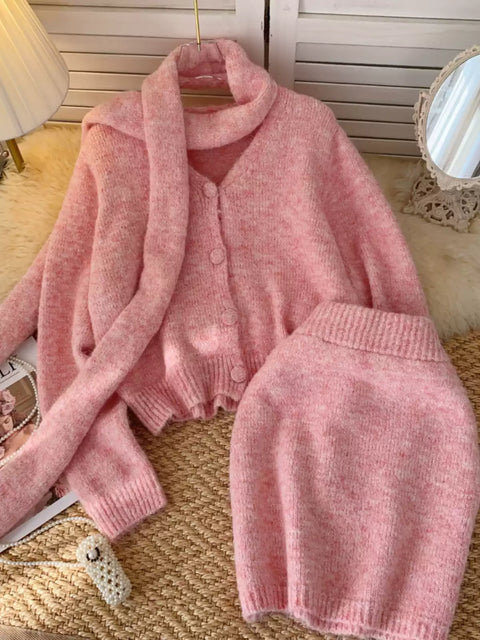 Cardigan&Skirt&Scarf Soft Knitted 3Pcs