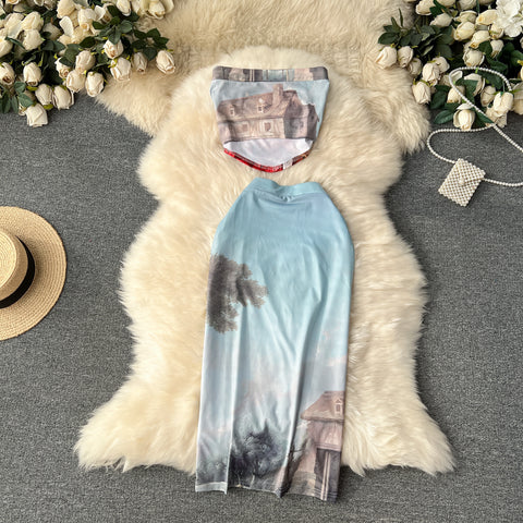 Oil Painting Printed Top&Skirt 2Pcs