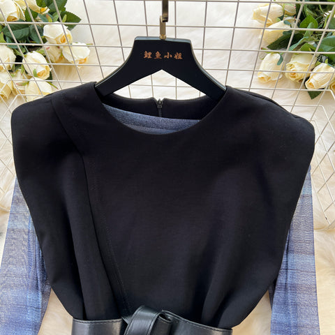 Patchwork Mesh Top&Black Skirt 3Pcs