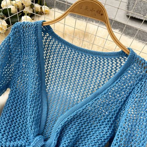 V-neck Knitwear&Skirt Hollowed 2Pcs