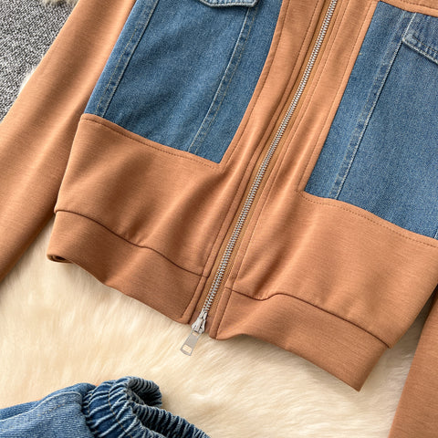 Zipped Jacket&Trousers Denim Patchwork 2Pcs