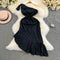 Slant Neckline Ruffled Black Dress