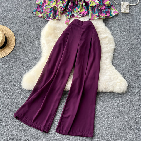 Floral Top&Wide-leg Trousers 2Pcs
