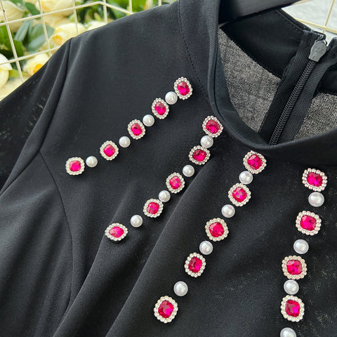 3D Rose Rhinestone Studded Black Dress