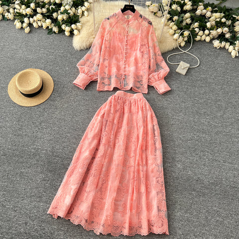 Embroidered Mesh Shirt & Skirt 2Pcs