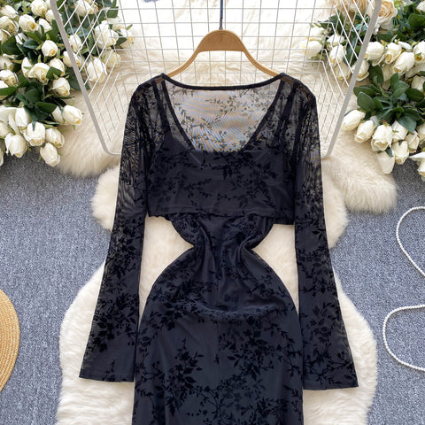 Mesh Cape & Embroidered Black Dress 2Pcs