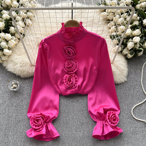 Ruffled Turtleneck Flared Sleeve Shirt