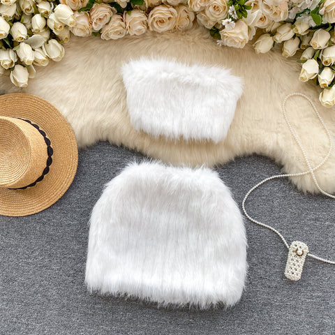 Tube Top&Skirt White Furry 2Pcs