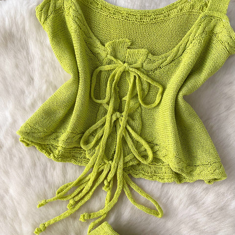 Hollowed Camisole&Fishtail Skirt Knitted 2Pcs